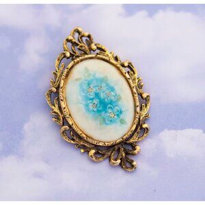 Vintage Victorian Ornate Floral Frame with Blue Flower Design Brooch - S14